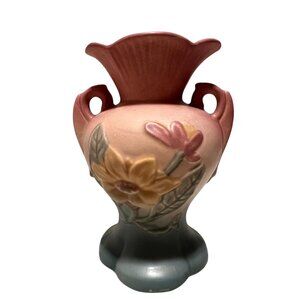Vintage Hull Pottery USA Magnolia Vase Pink & Blue Dual Handle Floral Design 6.5